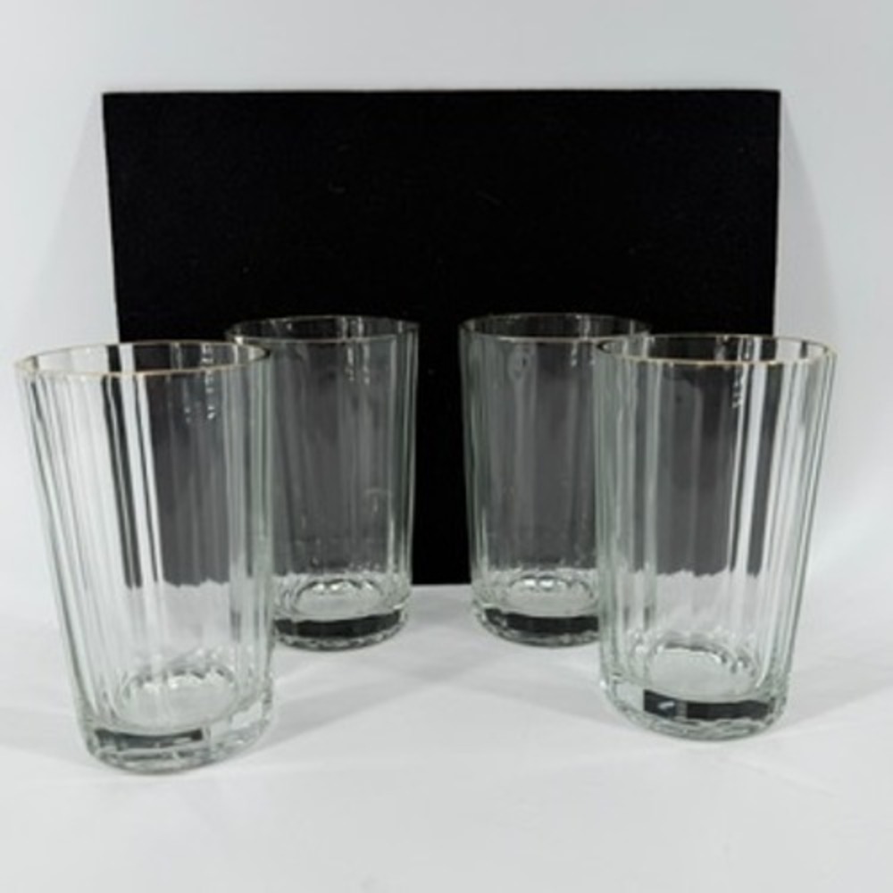 Bormioli Vitrosax Italy Ribbed Highball Glasses Gold Rim Set of 4 Clear 5.5 in
